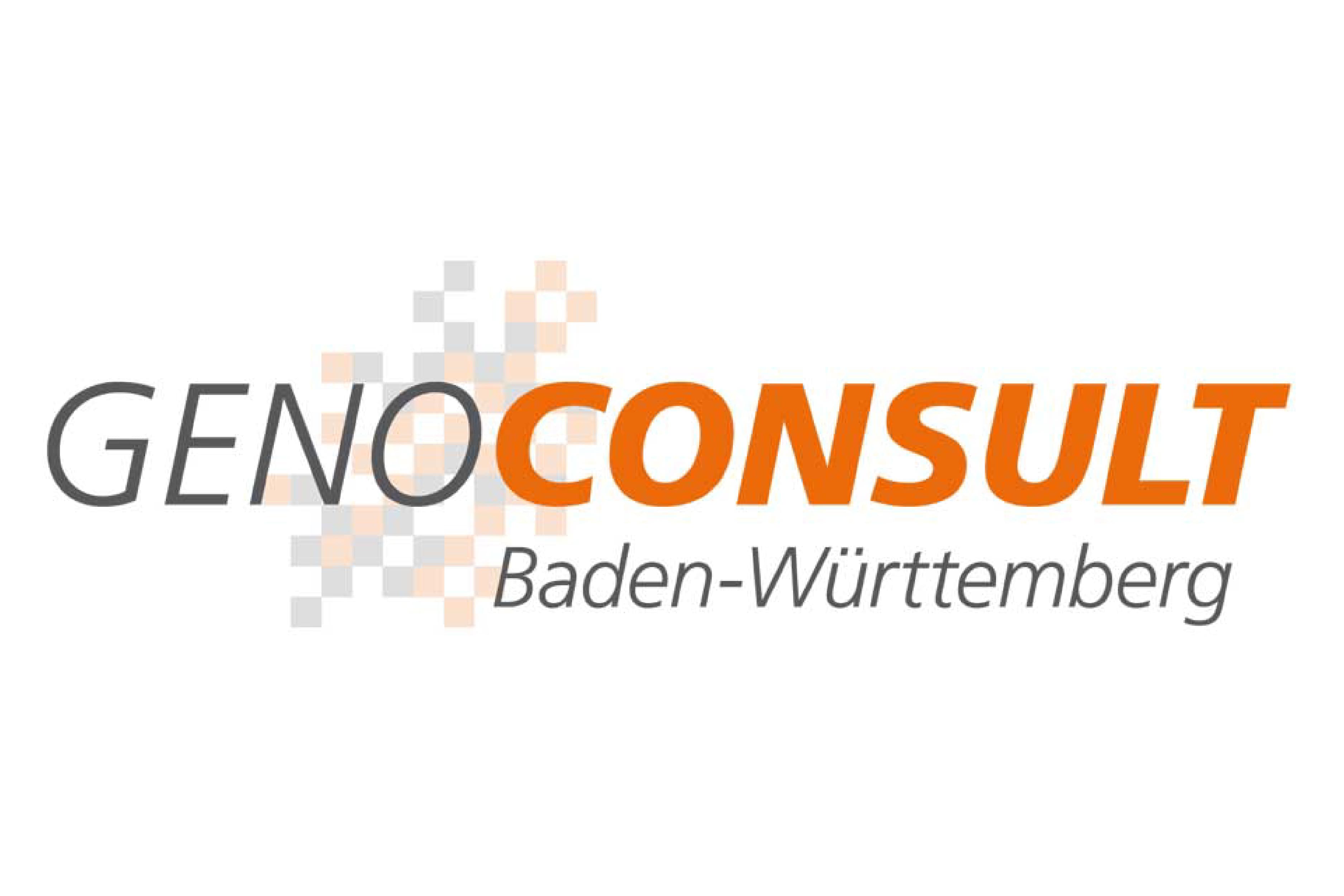 Logo der GenoConsult Baden-Württemberg mit dem Schriftzug „GENOCONSULT Baden-Württemberg“. „GENO“ ist grau, „CONSULT“ orange hervorgehoben. Im Hintergrund sind stilisierte, transparente Pixelstrukturen in Grau- und Orangetönen zu sehen.