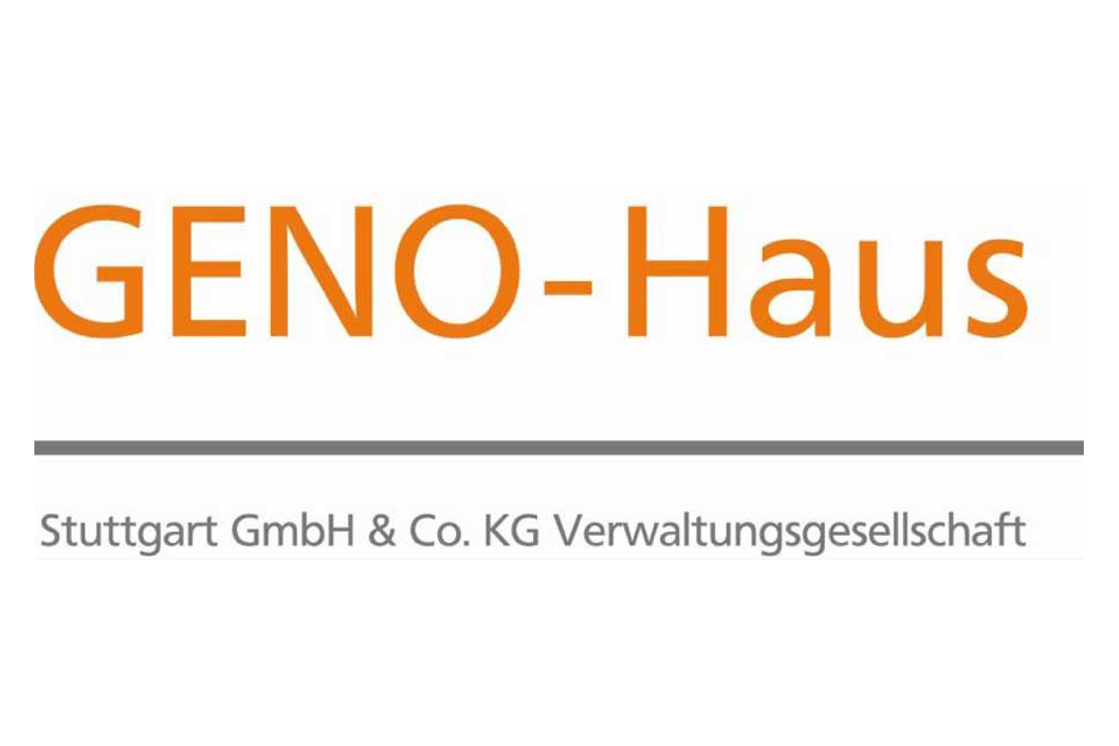 Logo des GENO-Hauses mit dem Schriftzug „GENO-Haus“ in großer orangefarbener Schrift, darunter ein grauer horizontaler Trennstrich und die Ergänzung „Stuttgart GmbH & Co. KG Verwaltungsgesellschaft“ in kleiner grauer Schrift.