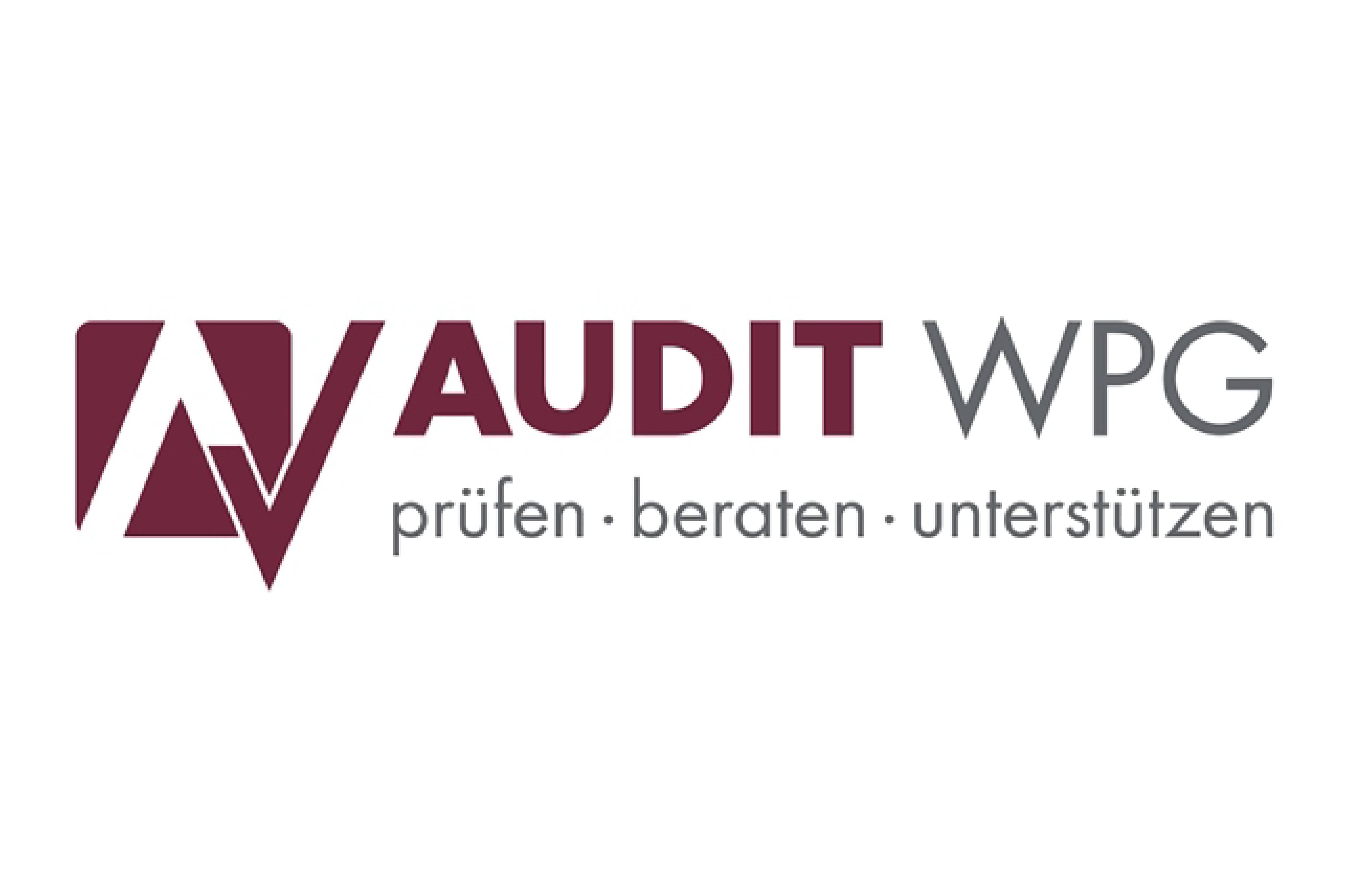 Logo der Audit WPG mit stilisiertem „A“ in Weinrot links und dem Schriftzug „AUDIT WPG – prüfen · beraten · unterstützen“ in Weinrot und Grau.