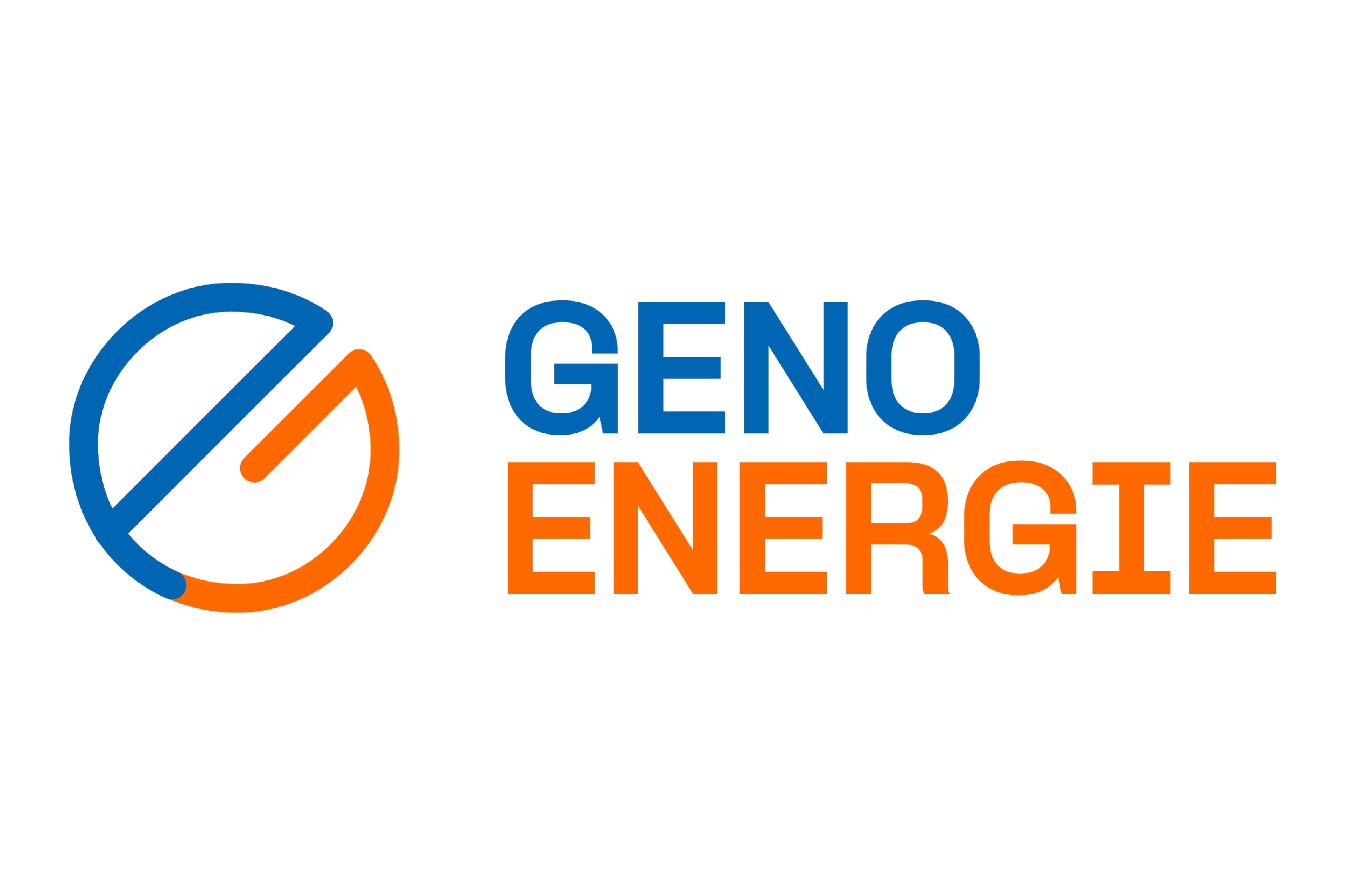 Logo von GENO Energie mit stilisiertem Symbol links, bestehend aus einer halbkreisförmigen Linie in Blau und Orange, die gemeinsam einen Kreis mit einem schrägen Mittelstrich formen. Rechts daneben der Schriftzug „GENO ENERGIE“, wobei „GENO“ in Blau und „ENERGIE“ in Orange dargestellt ist.
