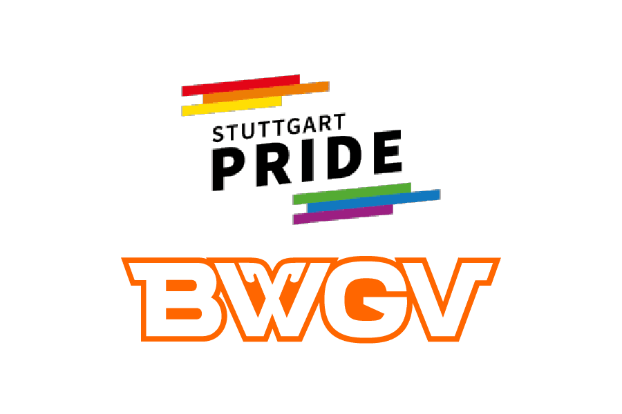 Logo der Stuttgart PRIDE mit Regenbogenstreifen und dem darunter platzierten orangefarbenen Logo des BWGV auf transparentem Hintergrund.